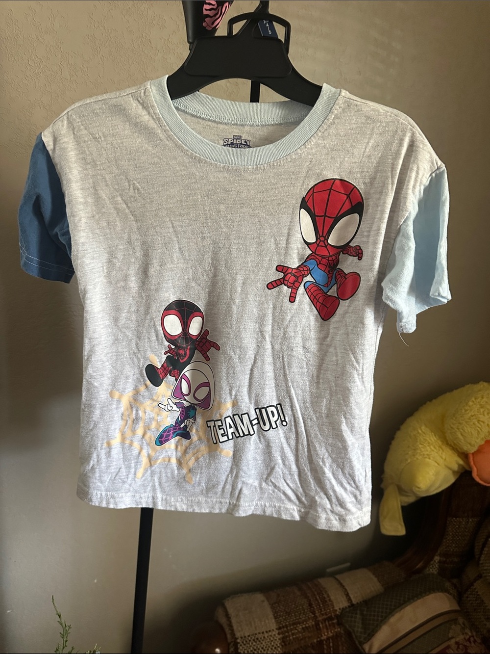 Spiderman Kids Short Sleeve Tee - Light Gray & Blue Sleeves